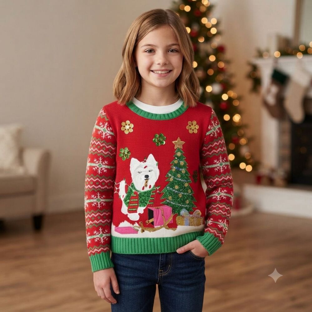 33 Degrees Girls Size Medium (8) Christmas Ugly Sweater Westie Dog Tree Sequin